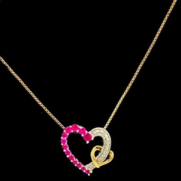 Ruby & Diamond Sterling Silver & 10k Vermeil Heart Necklace - Picture 1 of 7